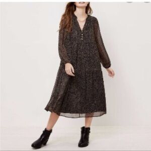 Ann Taylor LOFT Dress Midi Tiered Ruffle Button Lined Boho Button Front Speckle